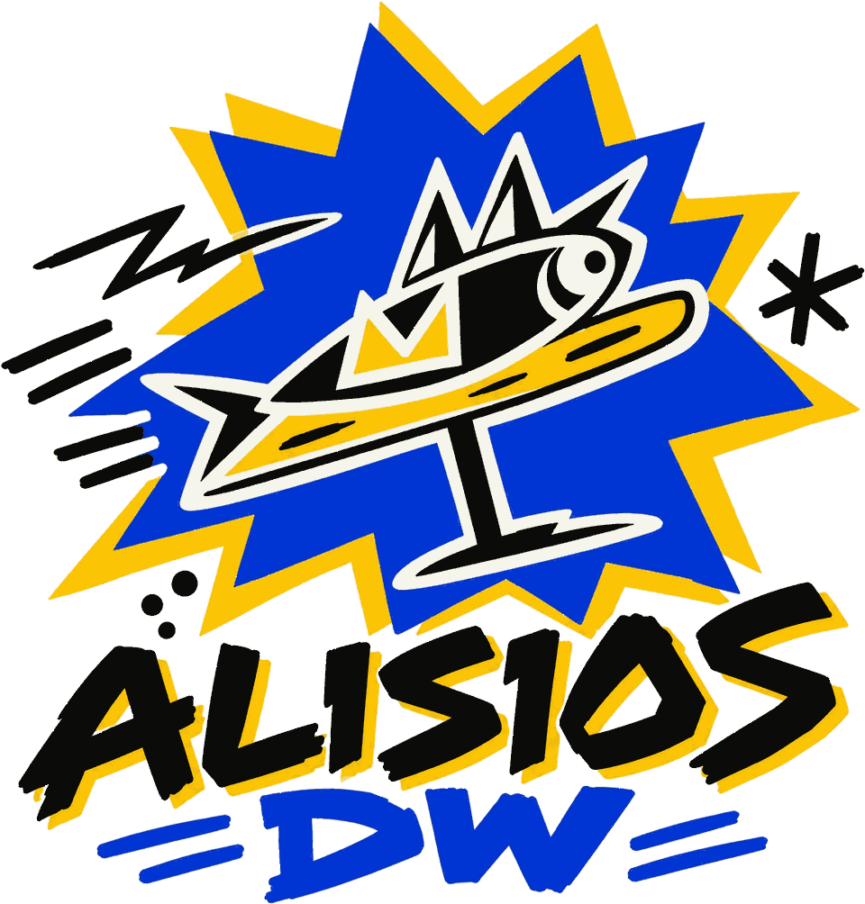 Logo de Alisios DW: un pez con cresta volando sobre un foil, dentro de una explosión azul y amarilla