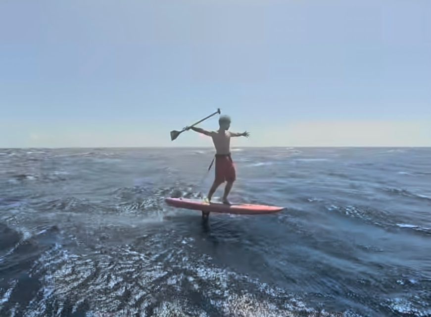 Rider sobre el foil en mar abierto con el remo en alto